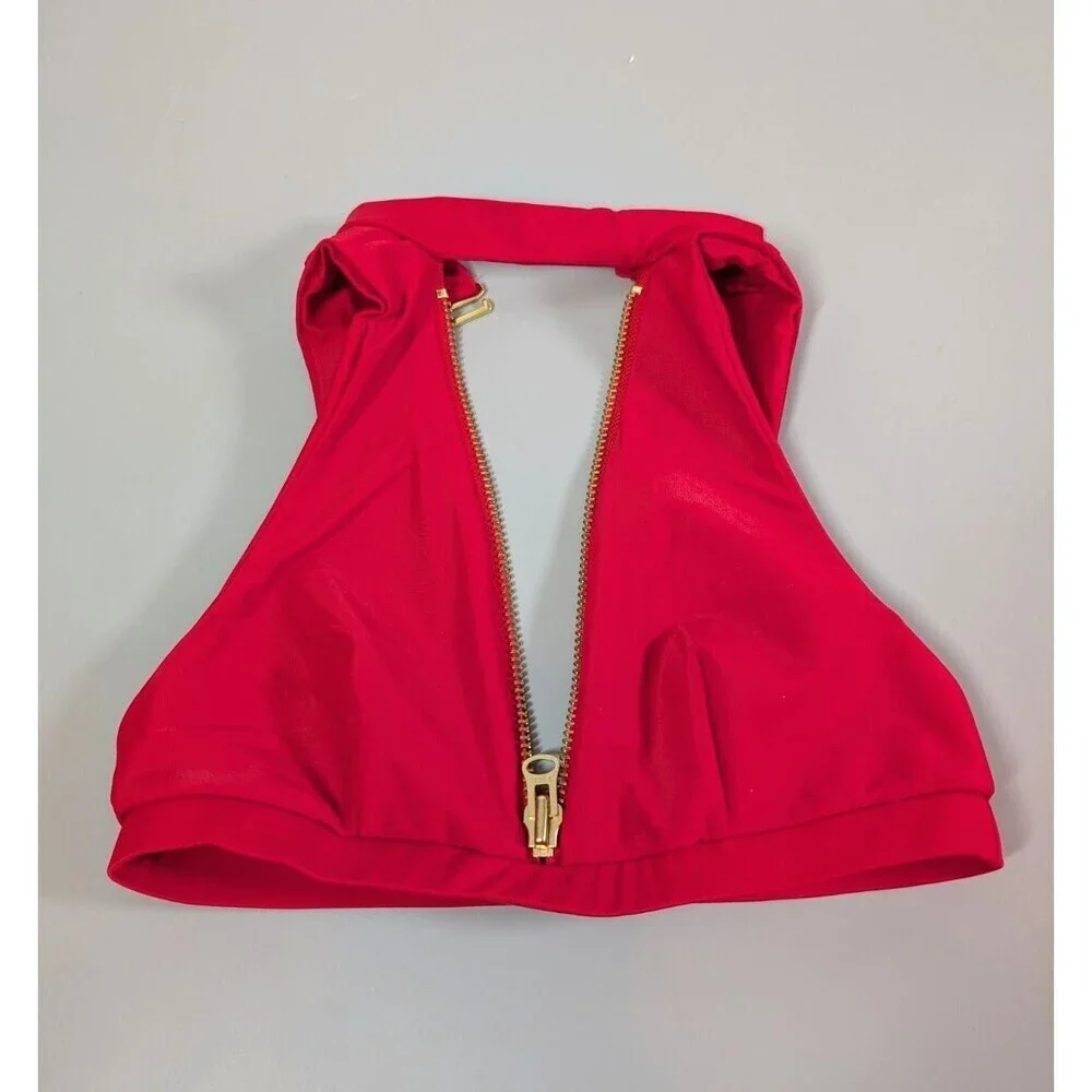 Beach‎ Bunny Swim Bikini Top Small Red Zip Front High Neck Beach Eye Catching